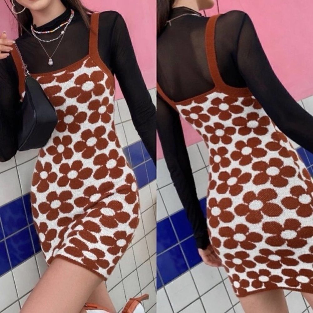 sweater‎ Dress Brown Daisy tank top Print velvet Knit  Size Large